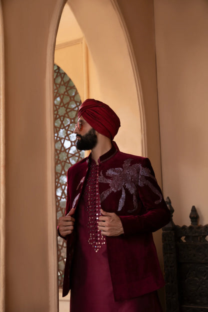 Luxury Red Velvet Open Bandhgala for Men | Handcrafted Cut Dana Embroidery | Wedding & Reception Designer Jacket