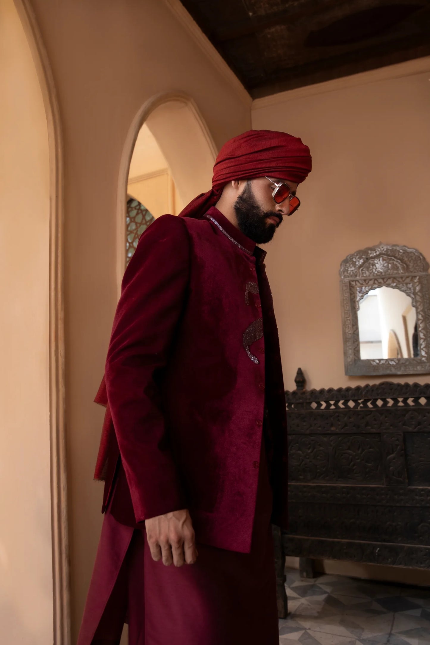 Luxury Red Velvet Open Bandhgala for Men | Handcrafted Cut Dana Embroidery | Wedding & Reception Designer Jacket