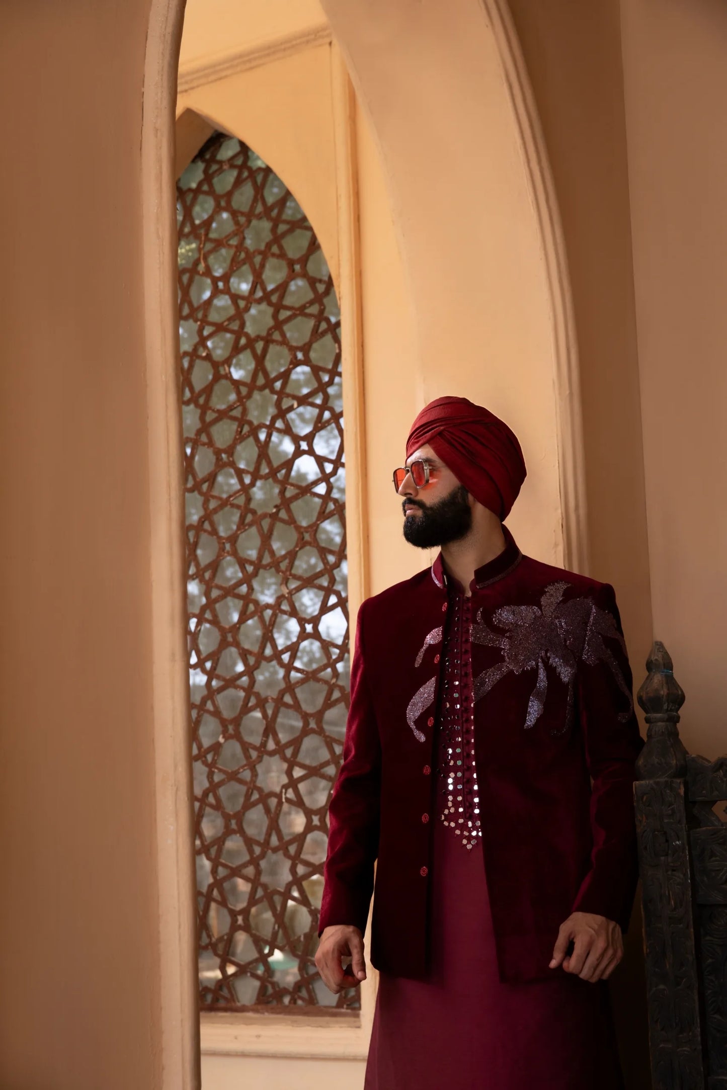 Luxury Red Velvet Open Bandhgala for Men | Handcrafted Cut Dana Embroidery | Wedding & Reception Designer Jacket