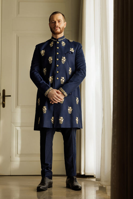 Navy Blue All Over Embroidered Sherwani