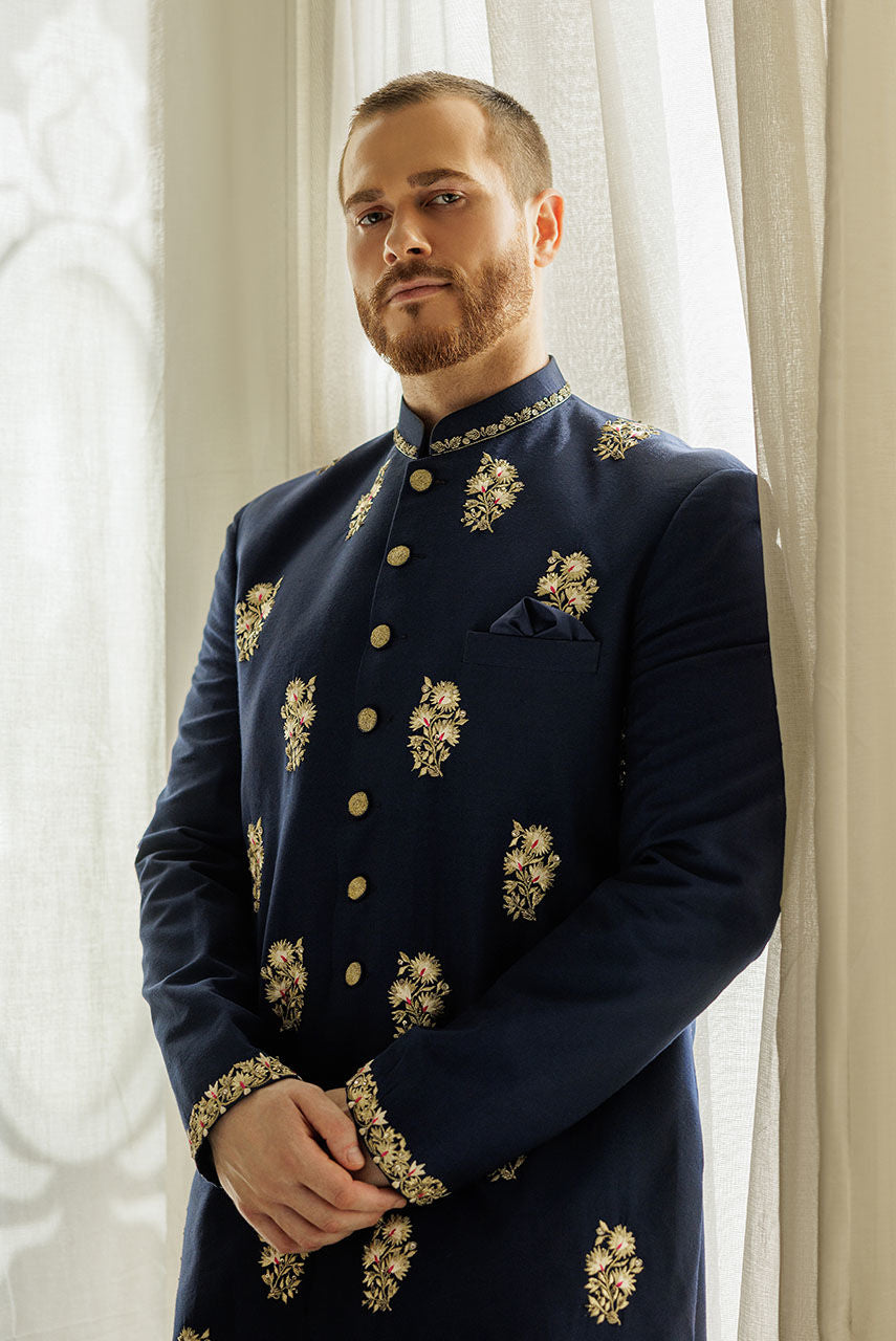 Navy Blue All Over Embroidered Sherwani