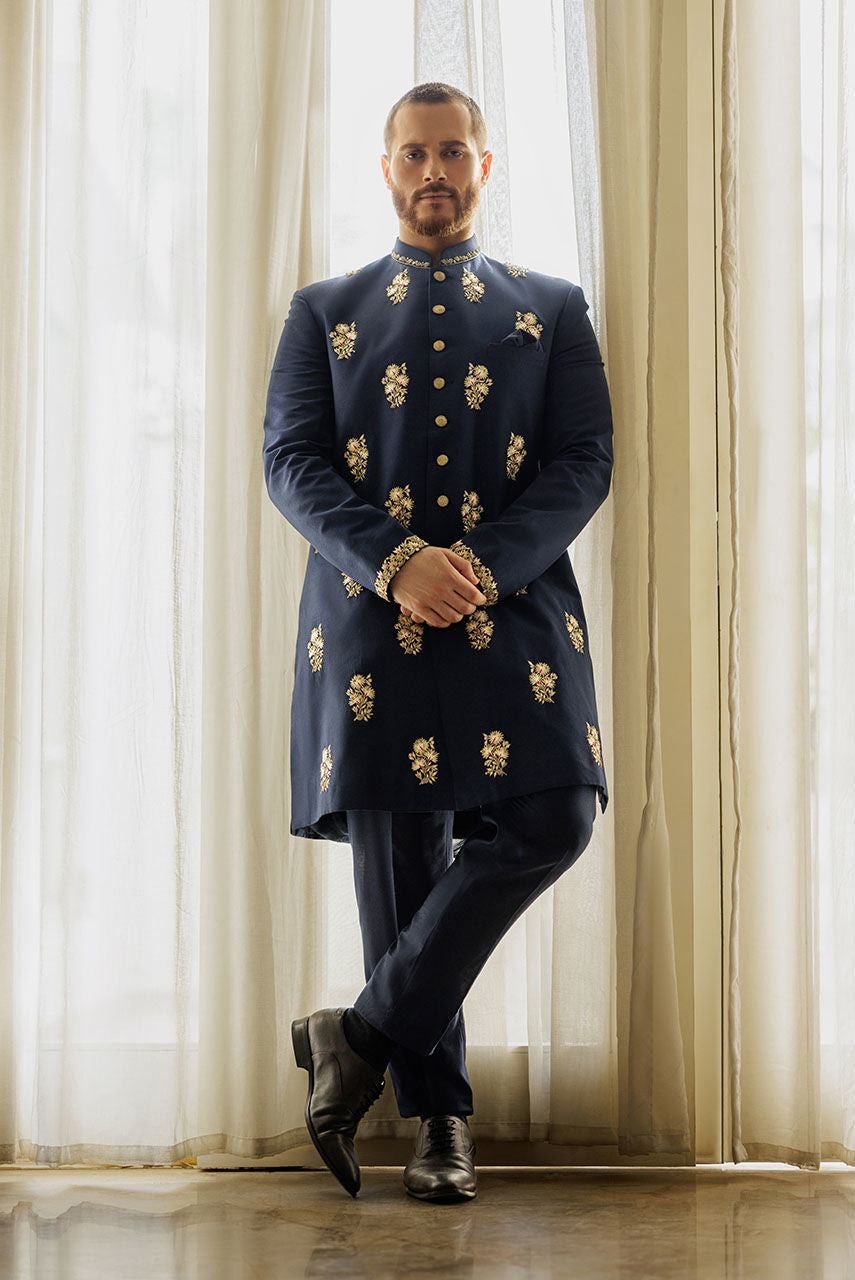 Navy Blue All Over Embroidered Sherwani
