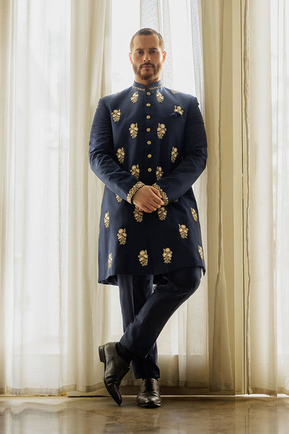 Navy Blue All Over Embroidered Sherwani