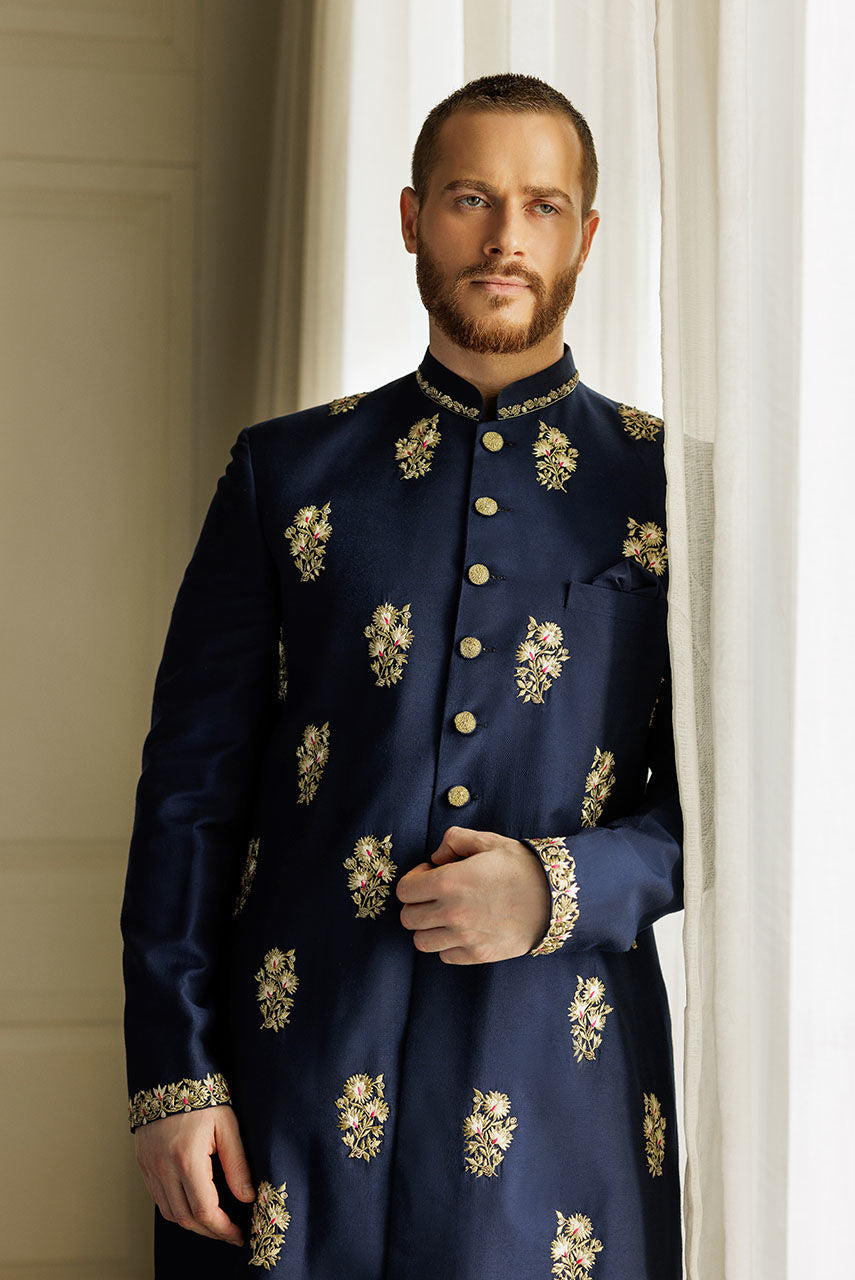 Navy Blue All Over Embroidered Sherwani