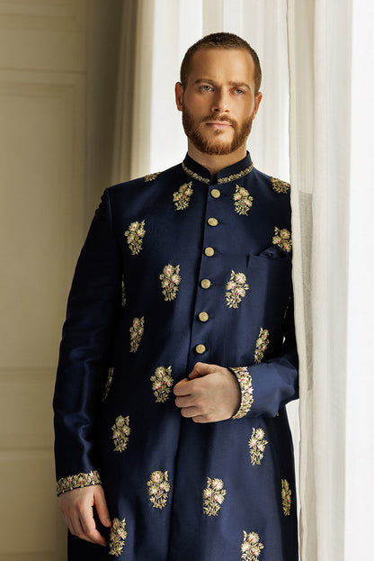 Navy Blue All Over Embroidered Sherwani
