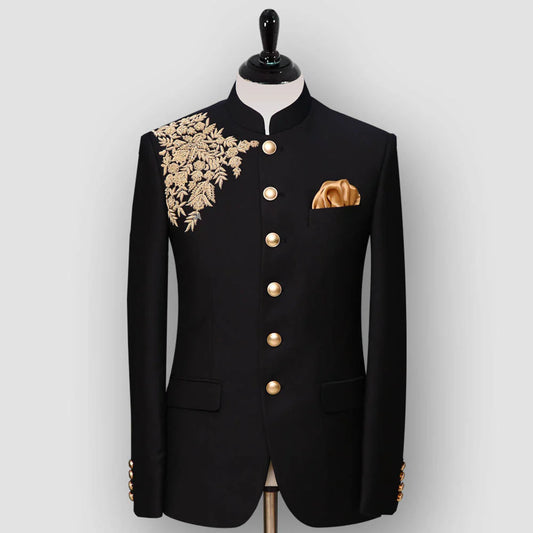 Premium Black Floral Embroidered Bandhgala | Men's Designer Wedding, Reception & Party Wear