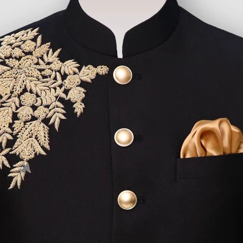 Premium Black Floral Embroidered Bandhgala | Men's Designer Wedding, Reception & Party Wear