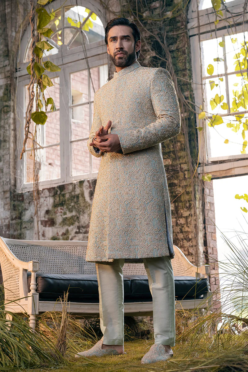 Sage Green All Over Embroidered Sherwani