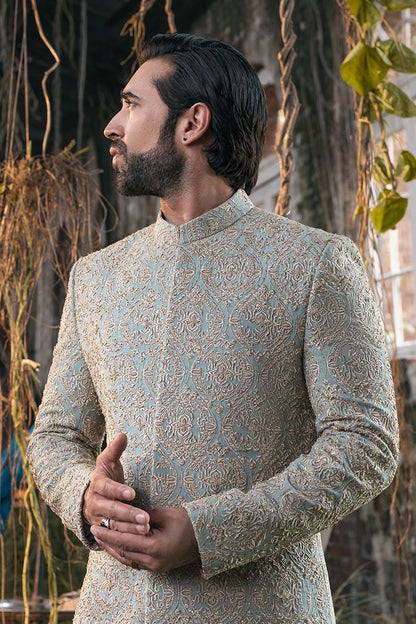 Sage Green All Over Embroidered Sherwani