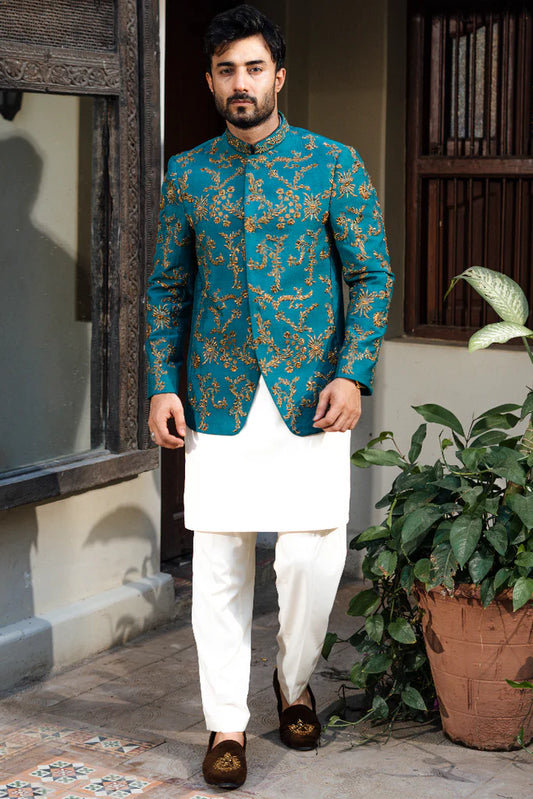 Teal Blue All Over Embroidered Bandhgala