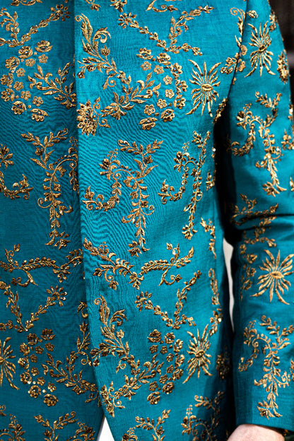 Teal Blue All Over Embroidered Bandhgala