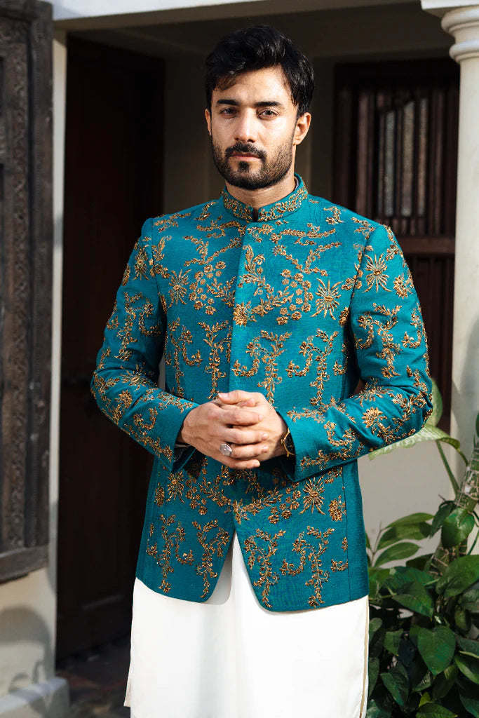 Teal Blue All Over Embroidered Bandhgala
