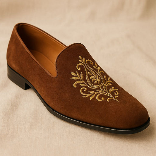 Brown Velvet Loafers with Hand Embroidery