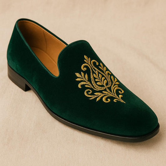 Green Velvet Loafers with Hand Embroidery