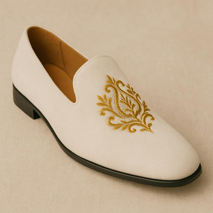 White Velvet Loafers with Hand Embroidery