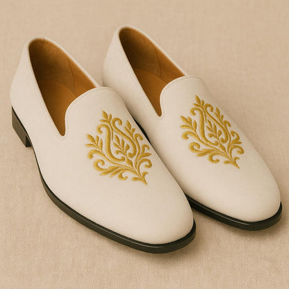 White Velvet Loafers with Hand Embroidery