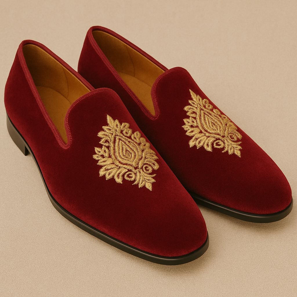 Limited Edition Red Velvet Loafers with Hand Embroidery
