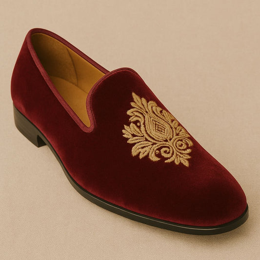 Limited Edition Red Velvet Loafers with Hand Embroidery
