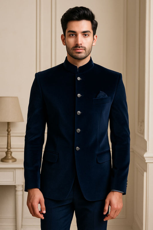 Blue Velvet Bandhgala | Elegant Ethnic Jacket for Men