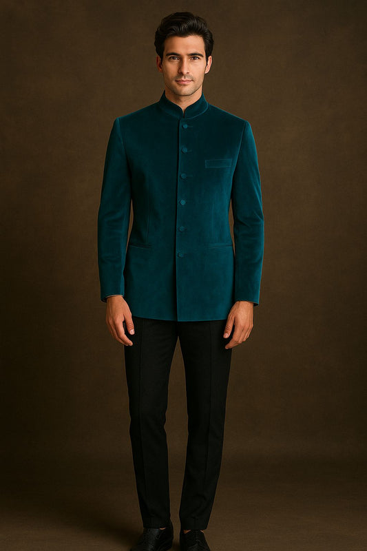 Turquoise Blue Velvet Bandhgala