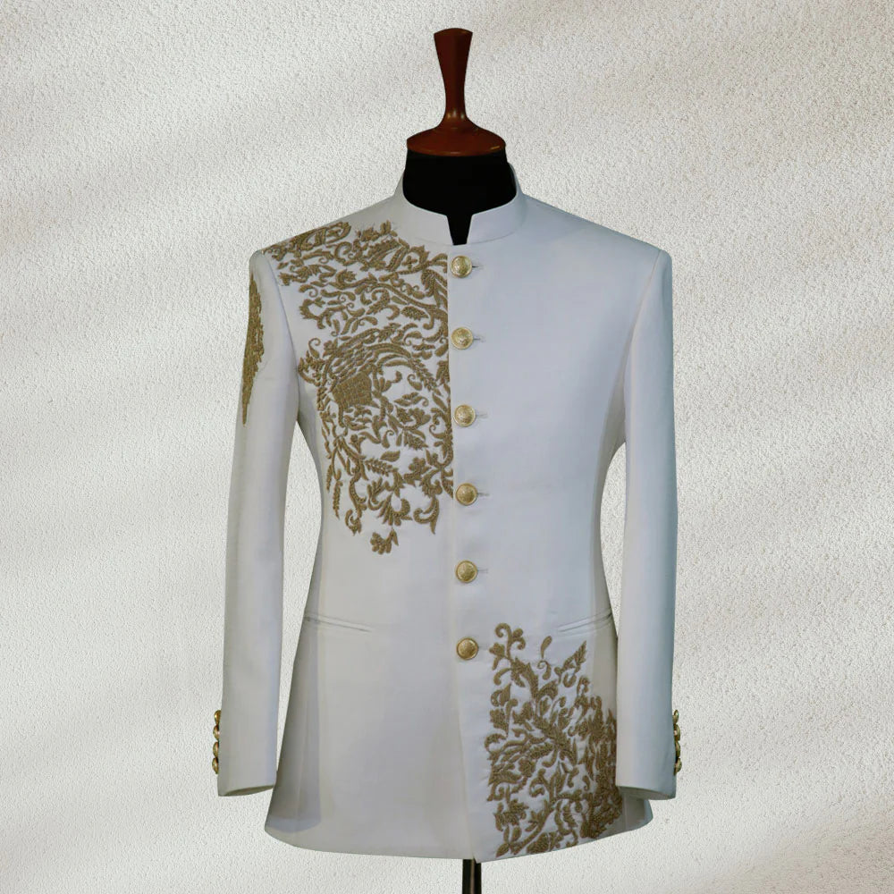 Premium White Embroidered Bandhgala Jacket for Men | Wedding & Reception Wear