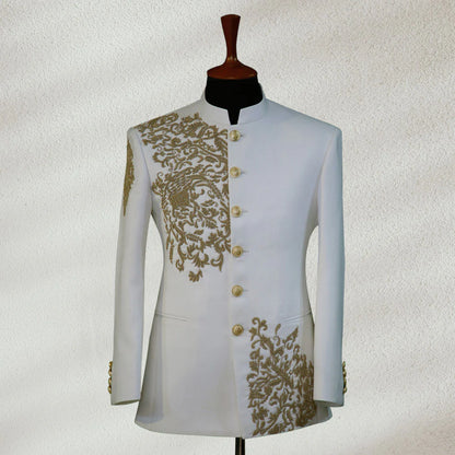 Premium White Embroidered Bandhgala Jacket for Men | Wedding & Reception Wear
