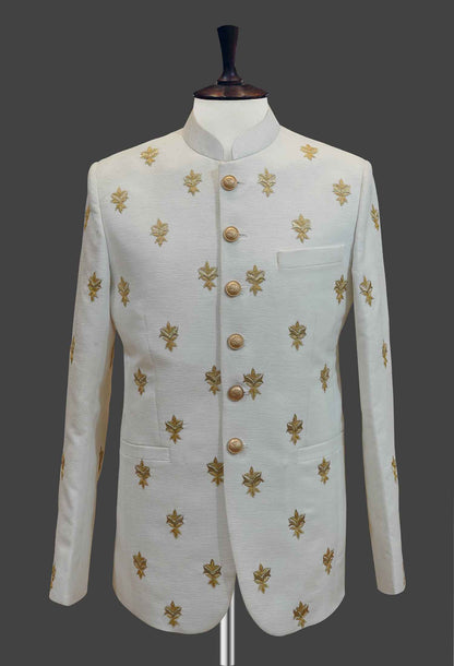 White Bandhgala with Hand Embroidery | Classic Ethnic Jacket for Men