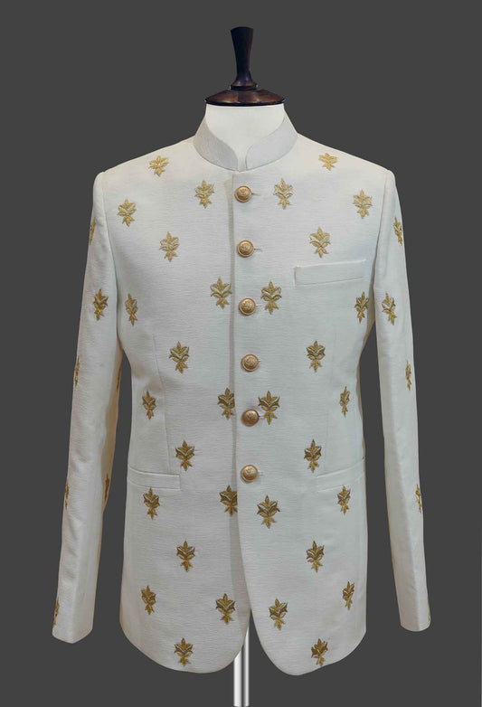 White Bandhgala with Hand Embroidery | Classic Ethnic Jacket for Men