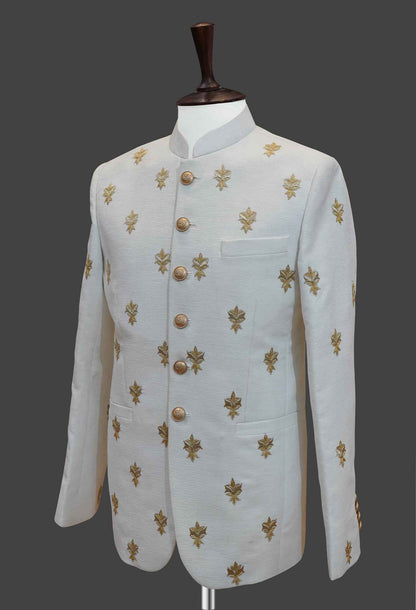 White Bandhgala with Hand Embroidery | Classic Ethnic Jacket for Men