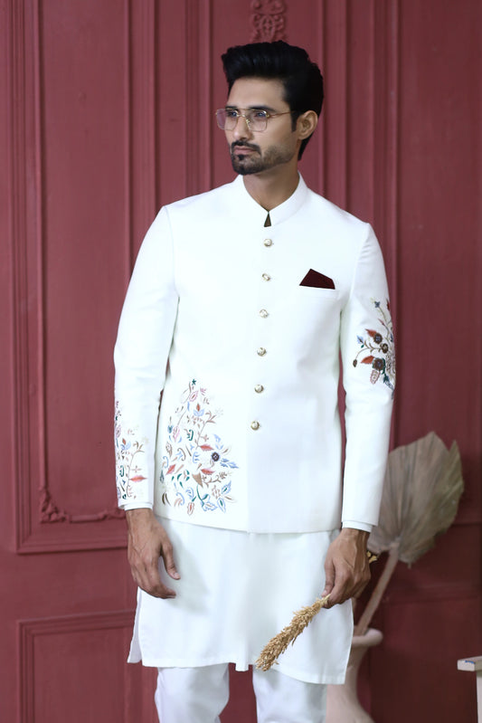 White Floral Embroidered Bandhgala