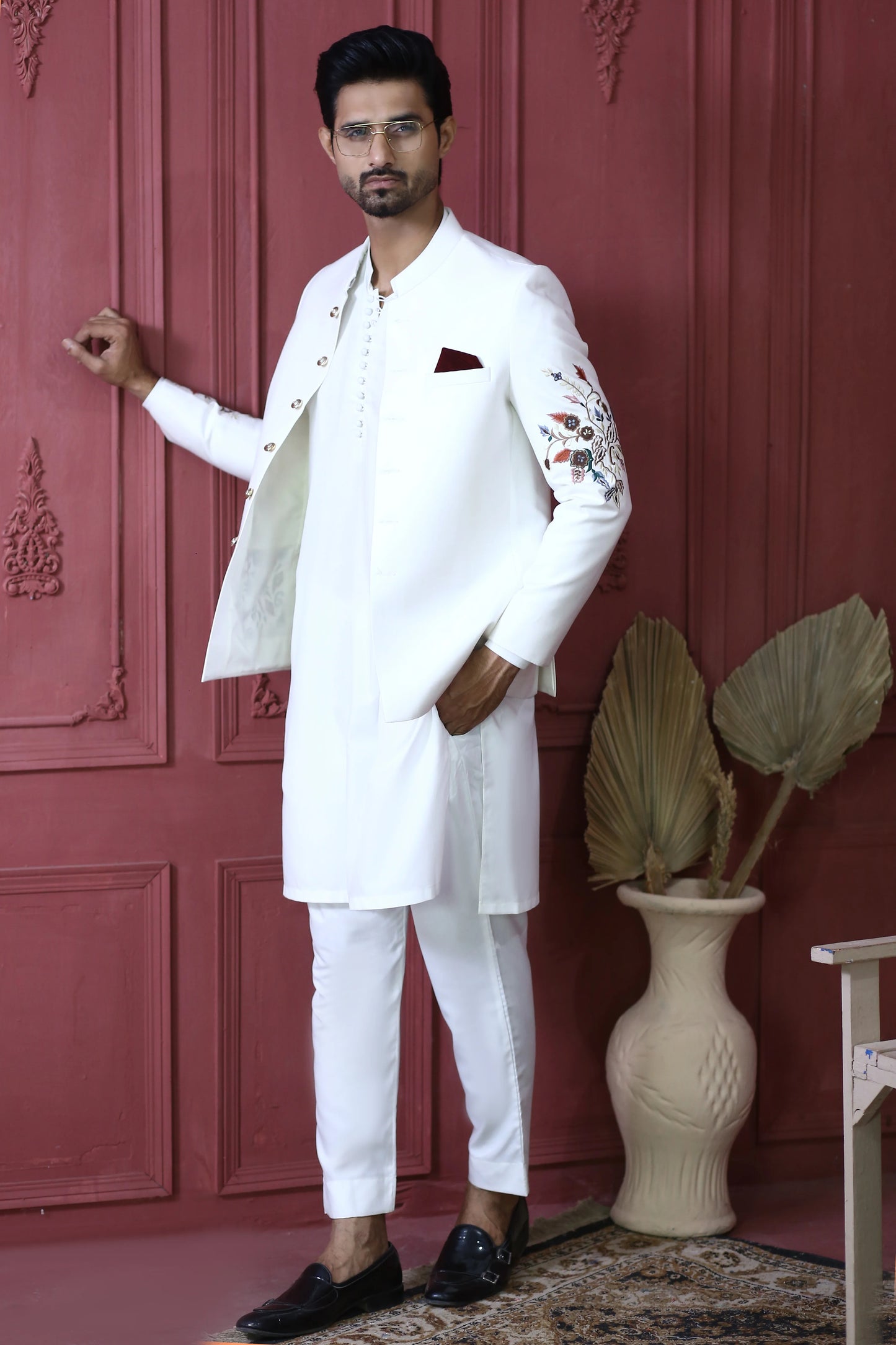 White Floral Embroidered Bandhgala