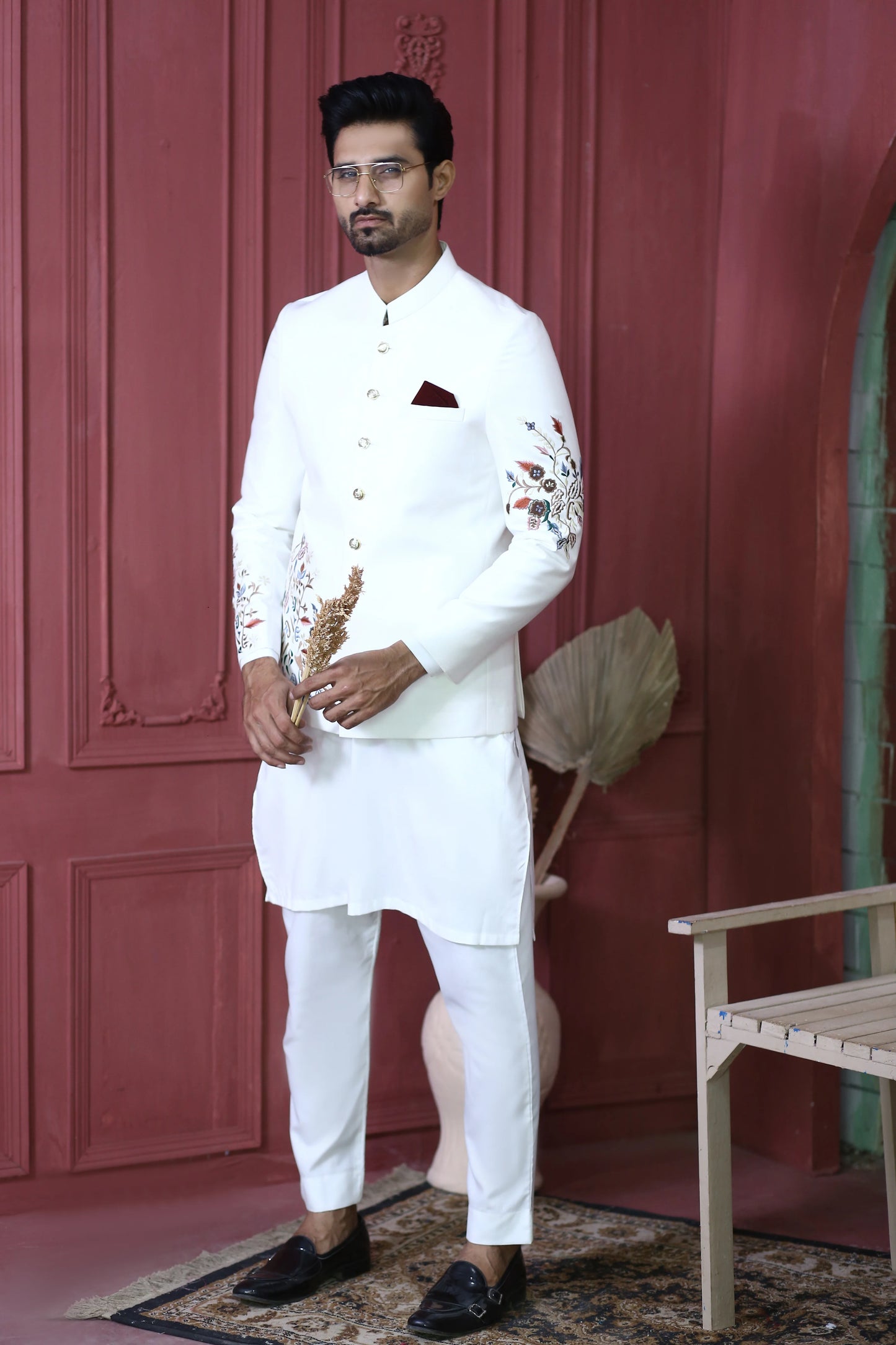 White Floral Embroidered Bandhgala