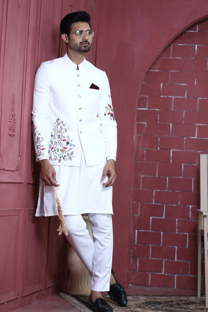 White Floral Embroidered Bandhgala