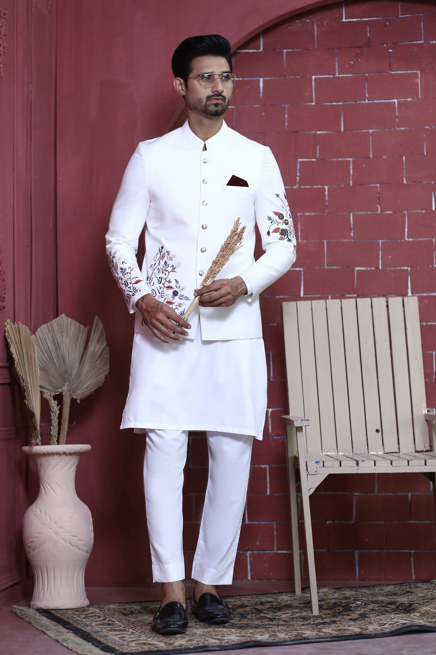 White Floral Embroidered Bandhgala