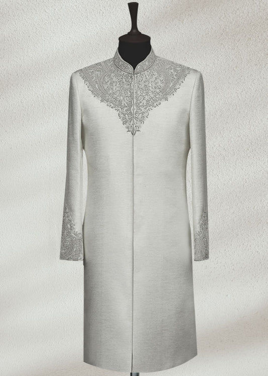 White Raw Silk Sherwani with Collar and Sleeve Embroidered