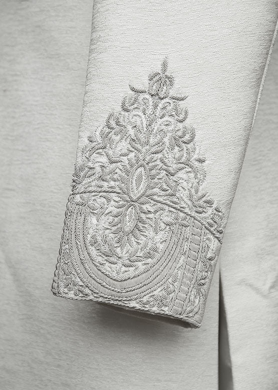 White Raw Silk Sherwani with Collar and Sleeve Embroidered
