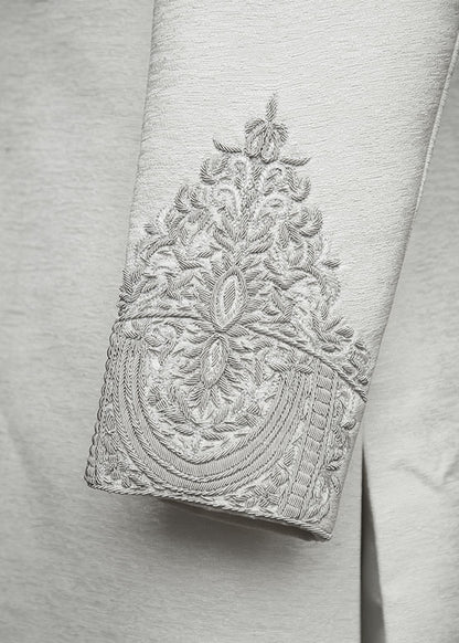 White Raw Silk Sherwani with Collar and Sleeve Embroidered