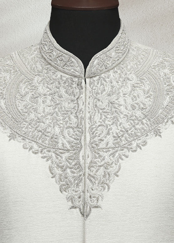 White Raw Silk Sherwani with Collar and Sleeve Embroidered