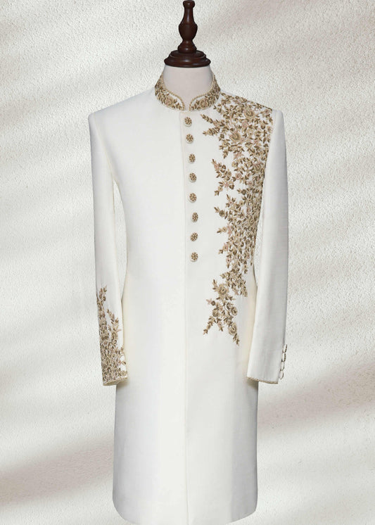 White Raw Silk Sherwani with Floral Embroidered