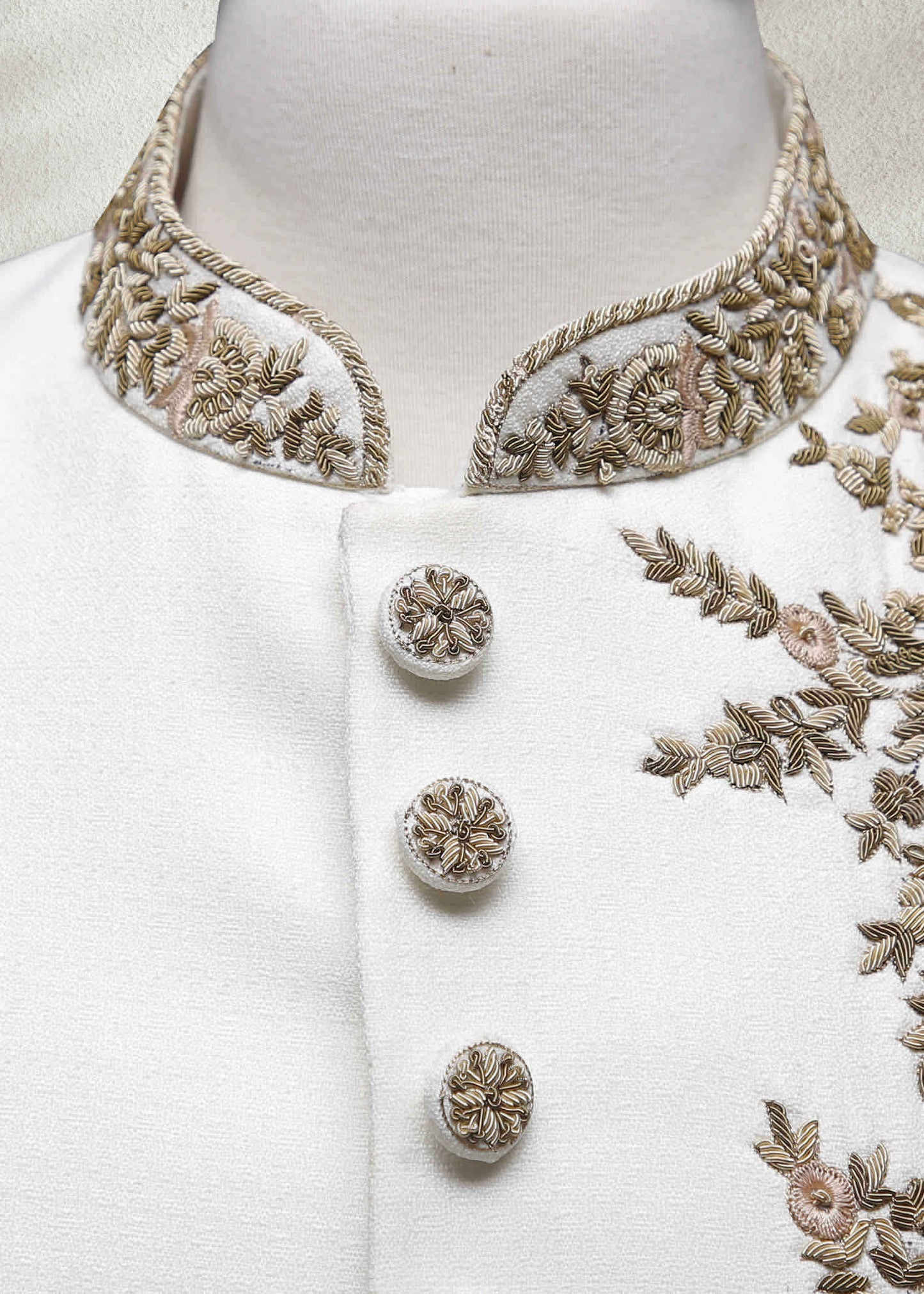 White Raw Silk Sherwani with Floral Embroidered