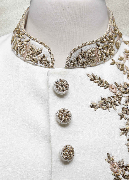 White Raw Silk Sherwani with Floral Embroidered