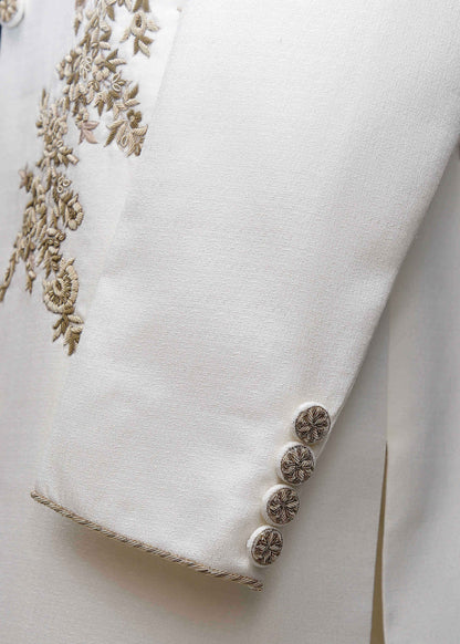 White Raw Silk Sherwani with Floral Embroidered