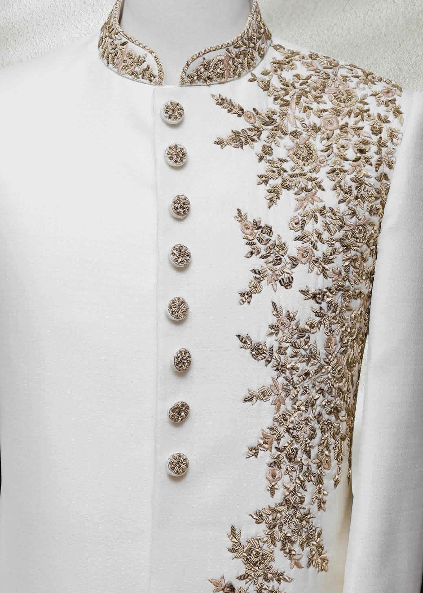 White Raw Silk Sherwani with Floral Embroidered