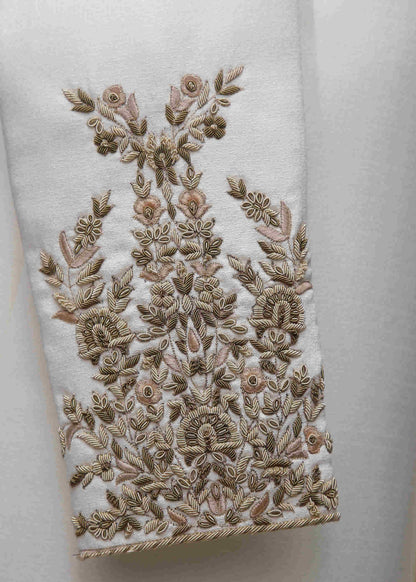 White Raw Silk Sherwani with Floral Embroidered