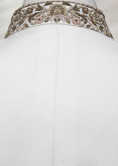 White Raw Silk Sherwani with Floral Embroidered