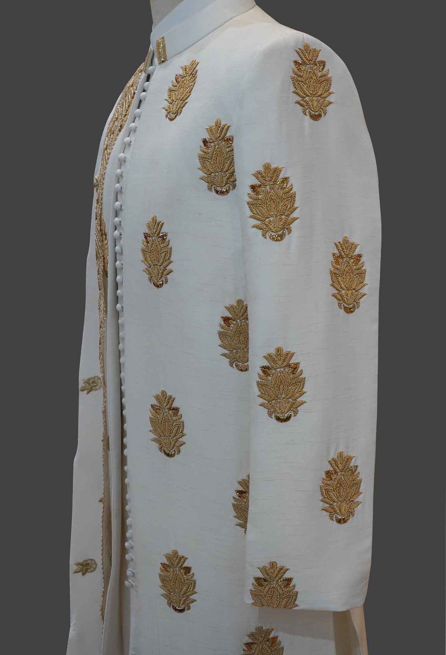 White Sherwani with All Over Gold Embroidery