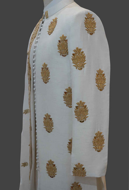 White Sherwani with All Over Gold Embroidery