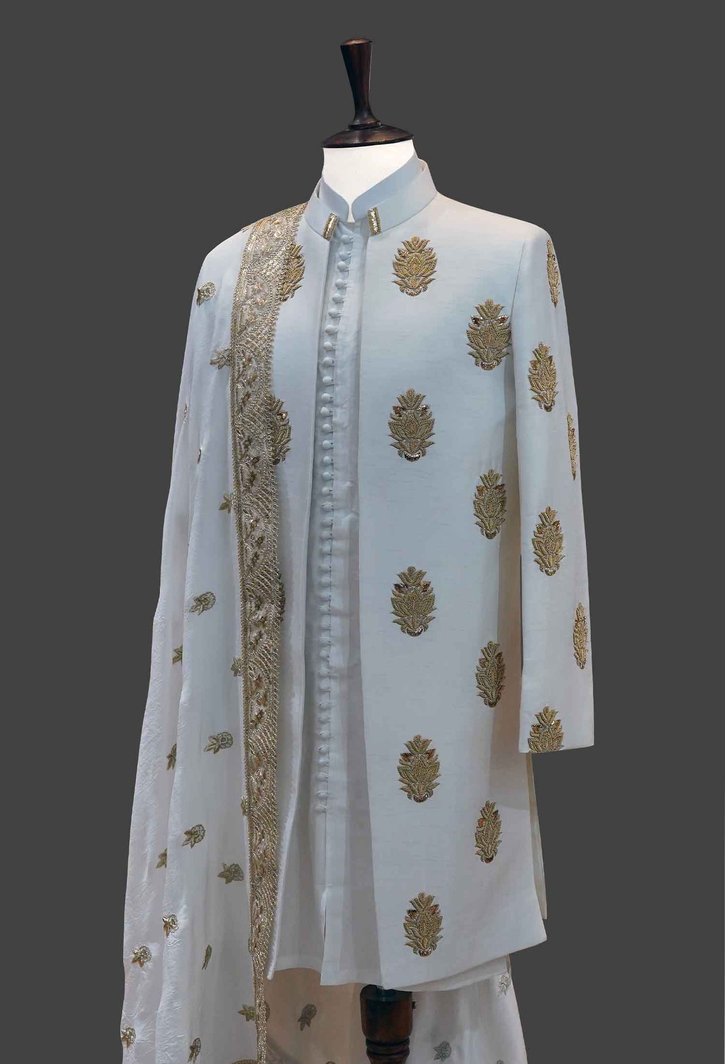 White Sherwani with All Over Gold Embroidery