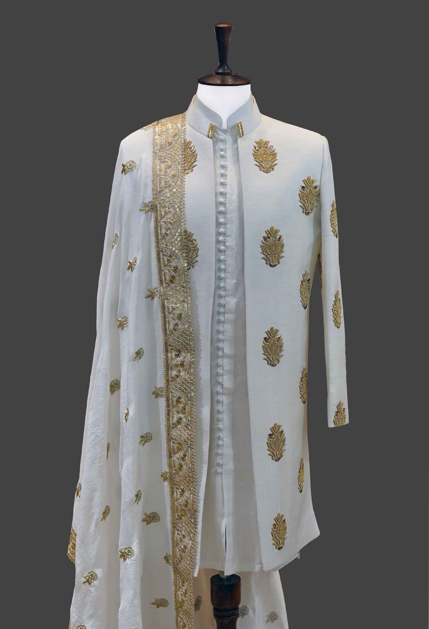 White Sherwani with All Over Gold Embroidery