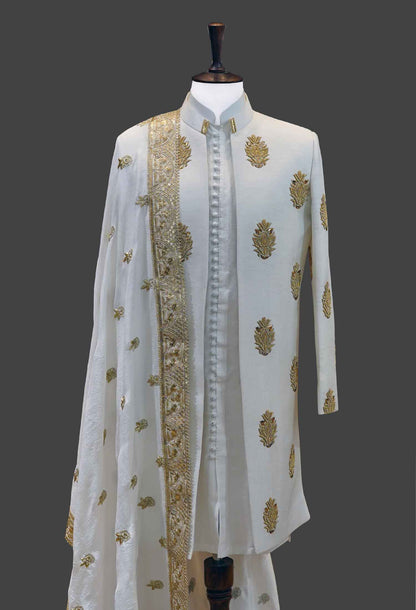 White Sherwani with All Over Gold Embroidery